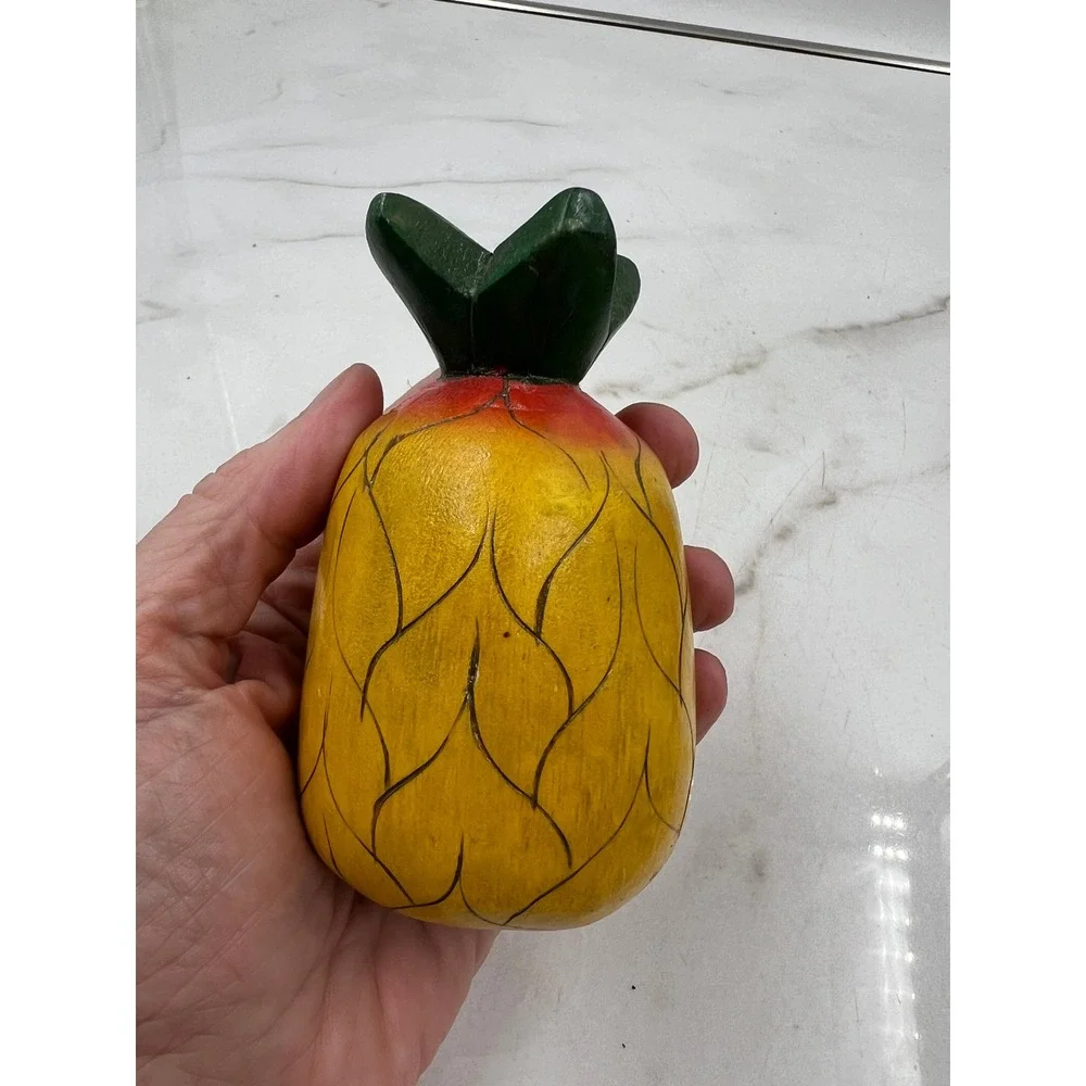 Vintage Hand Carved Wooden Fruit Set 6 Piece Decorative Pineapple Pears Folk Art